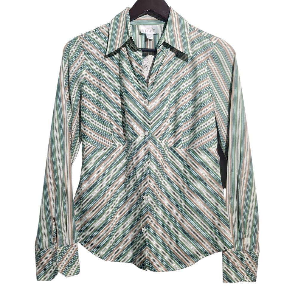LOFT Vintage Y2K Striped Button Blouse Green Blue Size 4 NWT